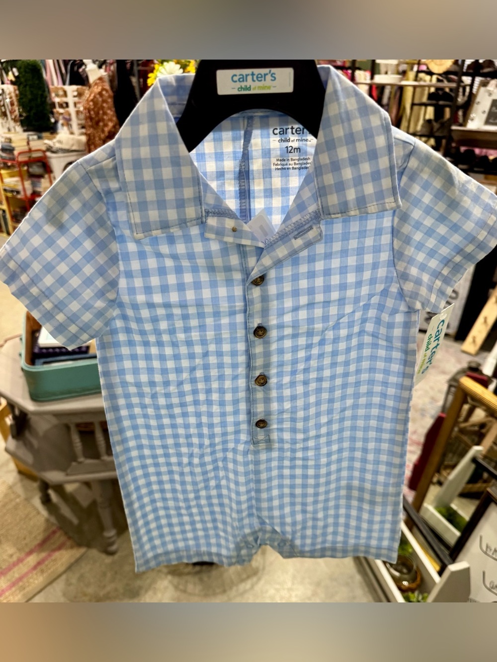Carter's Blue and White Gingham Button-Front Short Sleeve Romper